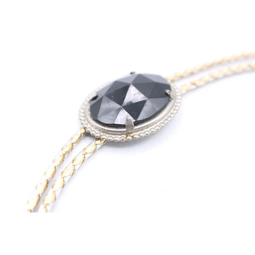 Black Jewel Acrylic Bolo Tie Silver & Gold Braided Cord Oval Faceted Western Vtg